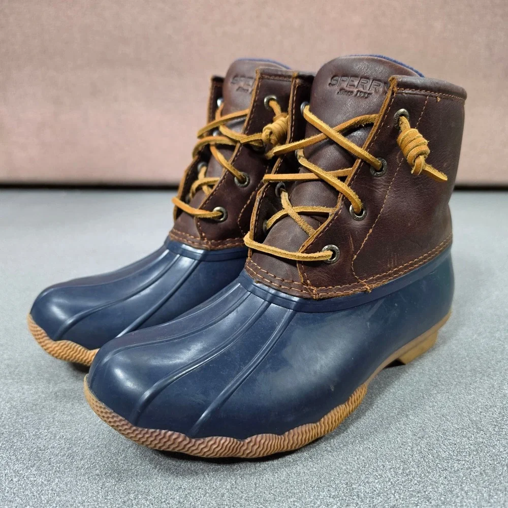 Sperry Saltwater Duck Boots Womens 6 Navy Brown Excellent STS91175 Leather Zip
